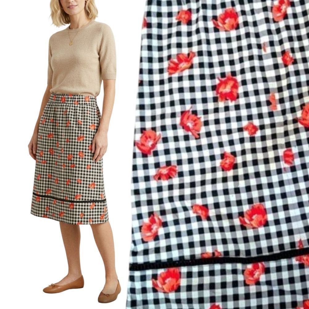 Gingham floral a line elastic band A-line midi cotton skirt size s